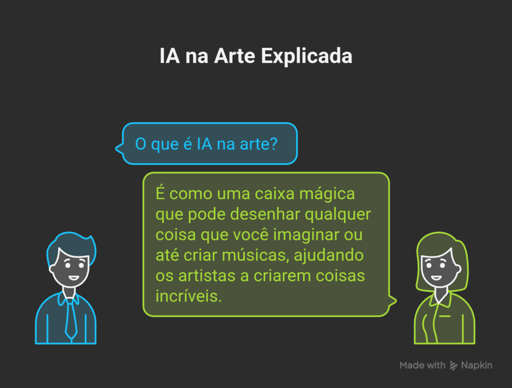 Benefícios da IA na Arte - Assistentes de IA Imagine que você tem uma caixa mágica que pode desenhar qualquer coisa que você imaginar ou até criar músicas. Essa caixa é como a IA na arte: ela ajuda os artistas a criarem coisas incríveis, mesmo coisas que ninguém pensou antes.